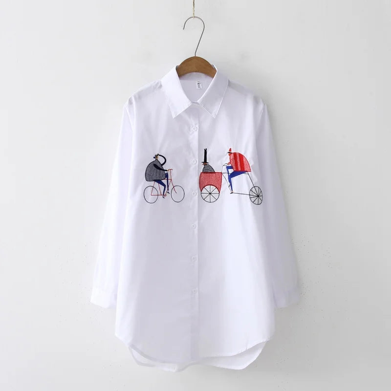 Women’s White Cotton Embroidery Long Sleeve Shirt, Loose Fit Top