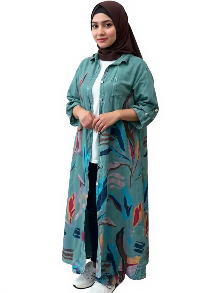 Two Piece Outfit Sets Print Long Cardigan with Wide Leg Pants