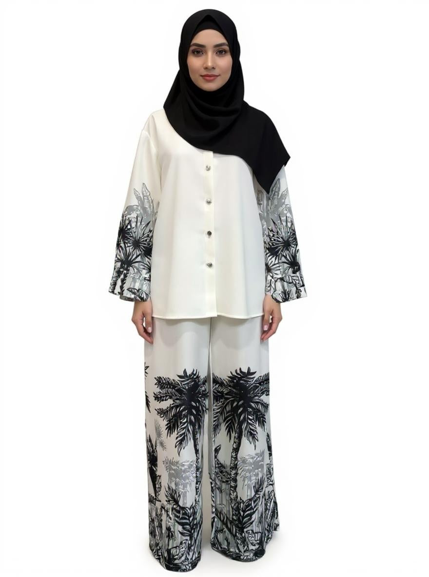 Two Piece Set Print Blouse Wide Leg Pants Suit