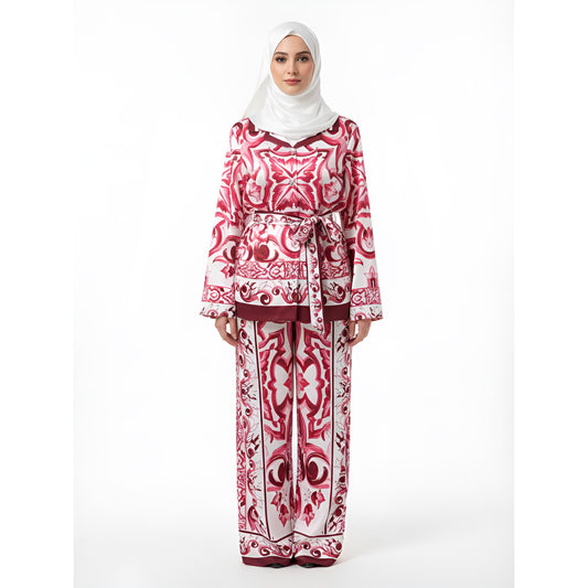 Pant Set Women Two Piece Sets Turn Down Collar Matching Sets Print Casual Loose Tops Wide Leg Long Pants Lace Up High Waist