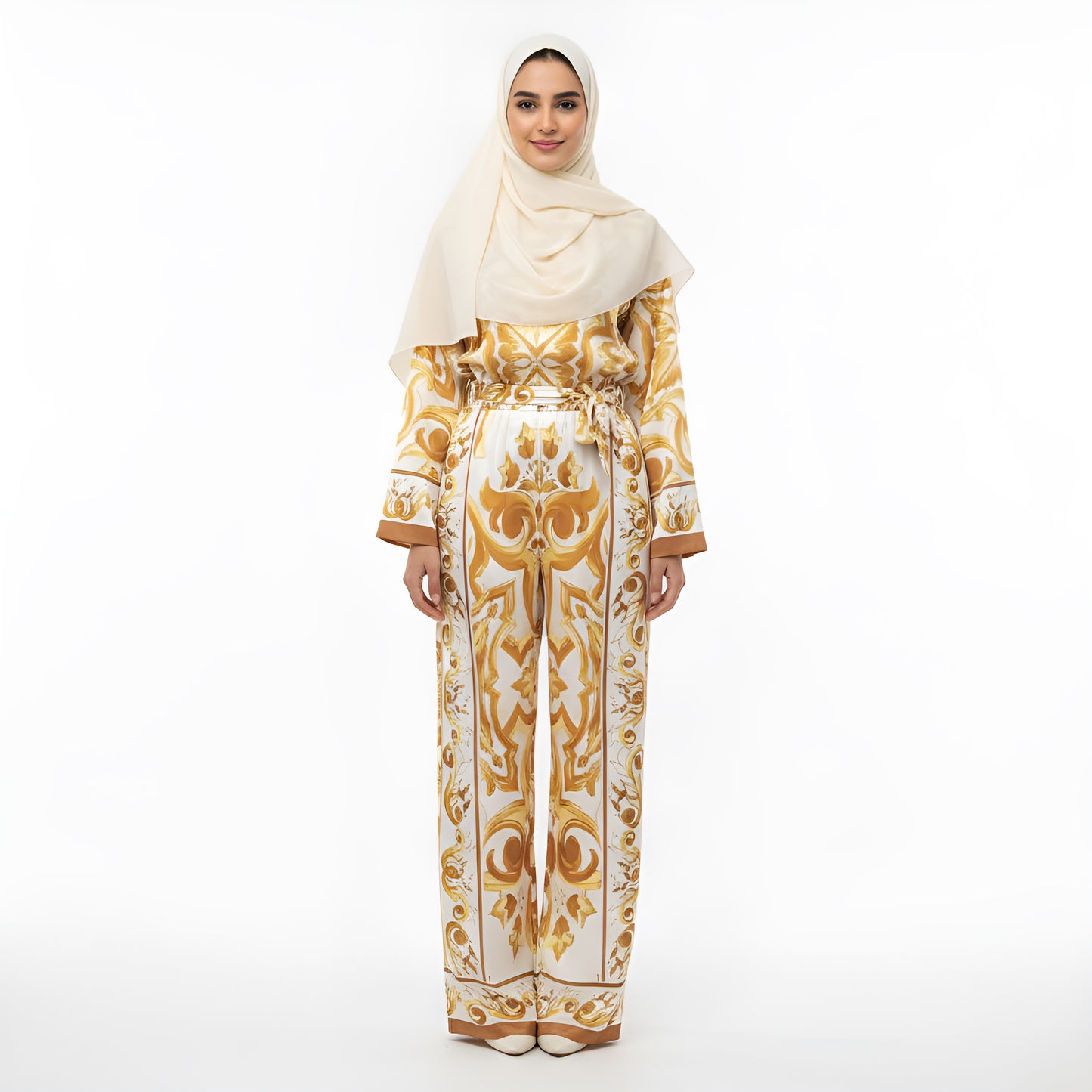 Pant Set Women Two Piece Sets Turn Down Collar Matching Sets Print Casual Loose Tops Wide Leg Long Pants Lace Up High Waist